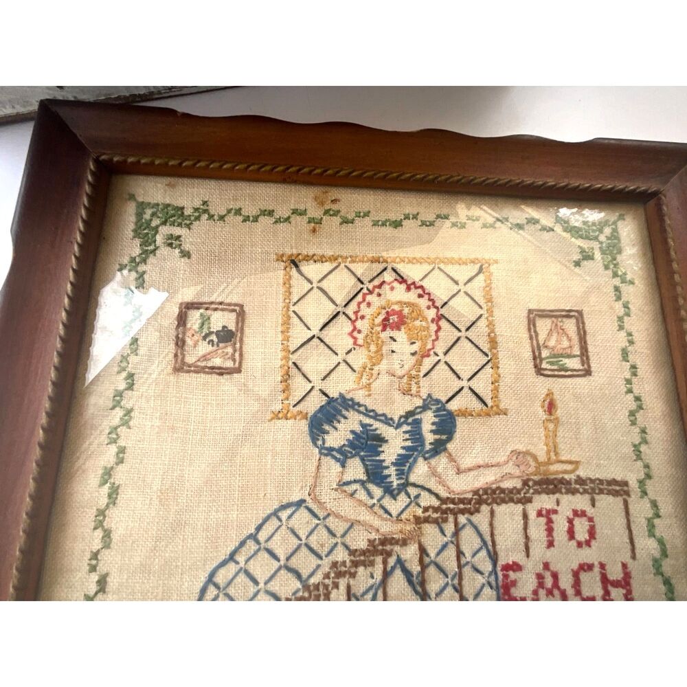 Vintage framed cross stitch sampler Victorian girl on steps; cottagecore - Picture 6 of 7